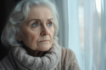 A lonely widow sitting by the window, gazing outside with deep reflection with copy space. Soft natural light. 