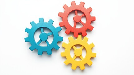 Colorful interlocking gears arranged on a white background, symbolizing teamwork and collaboration (1)