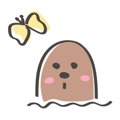 ゆるかわいい手描きのもぐらと蝶々のイラスト