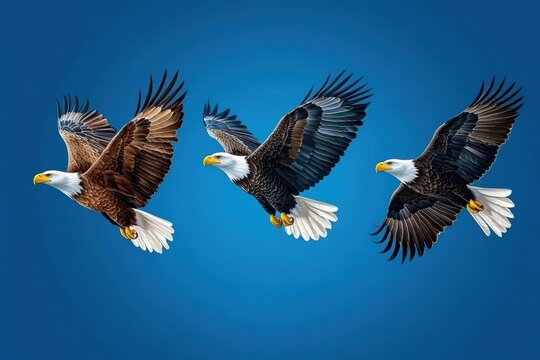 Stunning sequence of eagles in flight against a blue background.