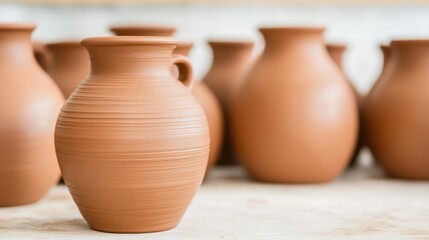 Clay pots in a workshop, artisan crafts, focus on one pot