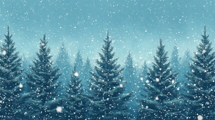 Fototapeta premium Snow falls softly on a snowy pine forest. Perfect for winter holiday cards, websites, or blogs.