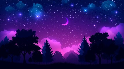 Naklejka premium Pixelated nightscape with starry skies crescent moon serene tree silhouettes and dreamy purple landscape for digital arts projects