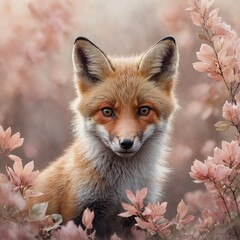 Fototapeta premium A pastel watercolor of a fox cub surrounded by delicate pink and peach leaves, against a smooth, clear background.