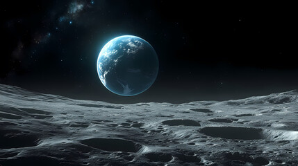 Moon Surface View: Dark Craters with Earth Hanging Bright in Space
