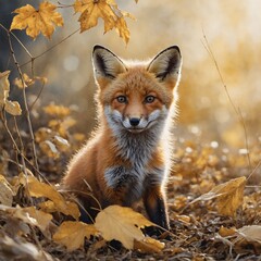 A minimalistic yet detailed watercolor of a fox cub partially hidden behind golden leaves, glowing in a bright and pure background.