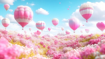 Obraz premium Dreamscape of aerial fantasy featuring delicate pink balloons over flowering meadow ethereal atmosphere creative design