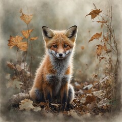 A nostalgic watercolor of a fox cub, softly outlined behind faded leaves, with a whispery, pure background.