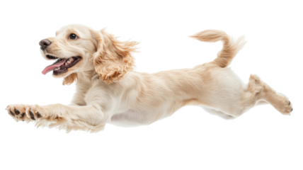 Happy dog jumps playfully in the air on transparency background 