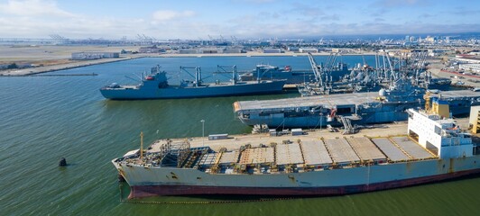 Aerial view of various ships at Uss Hornet - Sea, Air And Space Museum. Showcasing maritime...
