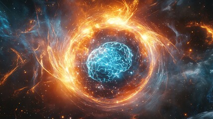 Obraz premium A neural cyber brain encased in a glowing quantum sphere, pulsating with radiant energy, surrounded by swirling holographic grids and dynamic light trails,
