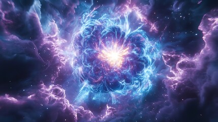 A neural network brain disintegrating into a quantum singularity, vivid blue and purple energy spirals surrounding it, glowing synapses radiating light, cosmic energy particles floating around,