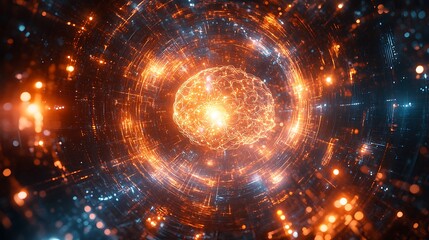 Obraz premium A neural network brain made of light, its circuits dynamically shifting, surrounded by a holographic quantum computing grid, glowing nodes connected by pulsing light trails,