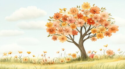 Dreamy watercolor landscape featuring a flower tree in a peaceful meadow under a serene cloudy sky evokes calm and tranquility