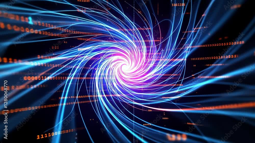 Poster dynamic vortex of neon energy waves and digital data streams in motion