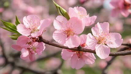 Fototapeta premium Delicate Light Pink Flowers Blooming on Branch in Soft Sunlight