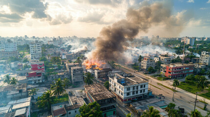 Obraz premium Environmental crisis. Urban landscape with smoke and fire amidst buildings and palm trees.
