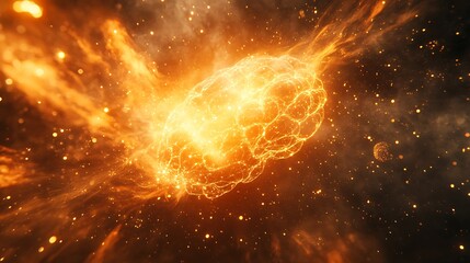 Naklejka premium A radiant brain firing intricate bursts of neural light, surrounded by dynamic quantum particles entangled in energy fields, luminous beams creating depth,