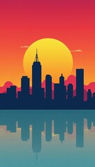 Obraz premium Clean and simple vector illustration of a city skyline with sun setting in the background, skyline, spatial