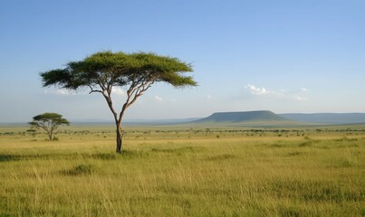 Obraz premium Expansive Savanna Landscape Golden Grass Acacia Trees Under Clear Blue Sky