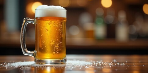 Clear glass with frothy beer foam overflowing from stein onto table, froth, table, bar