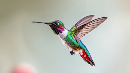Fototapeta premium A hummingbird in mid-flight with vibrant green, white, and red plumage, showcasing rapid wing movement against a soft, out-of-focus gradient background.