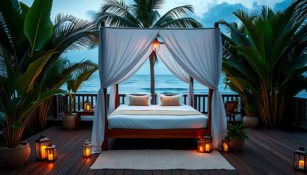 A dreamy outdoor bedroom setup with a white canopy bed on a wooden deck, surrounded by tropical plants, soft lantern lights, and a peaceful ocean view in the background