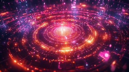 Obraz premium A radiant cybernetic brain grid with neural circuits glowing in intricate patterns, vibrant quantum chips pulsating with energy, surrounded by swirling holographic grids and cosmic light trails,