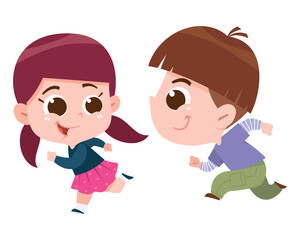 A fun and energetic digital illustration of a boy and girl running happily