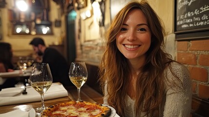 Woman enjoying a Neapolitan pizza at a charming Italian restaurant