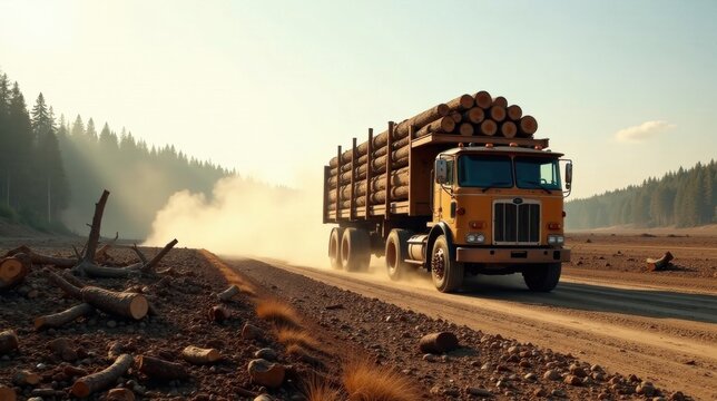A heavy-duty logging truck transports a massive load of lumber along a dusty, unpaved road, traversing a barren landscape adjacent to a dense forest under a hazy sky.