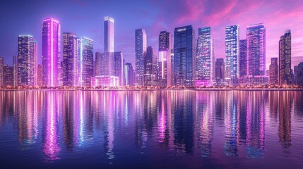 Fototapeta premium Neon dream cityscape glistening waters reflection of future urban skyline vibrant colors nightlife downtown metropolis panoramic view