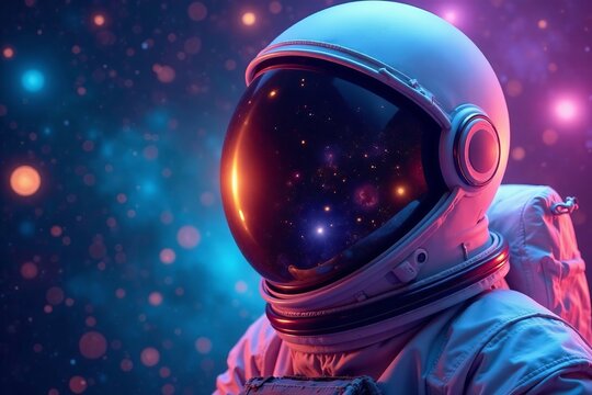 Close up of astronaut helmet reflecting cosmic vastness, spacewalk, reflection