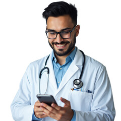A man wearing glasses and a white lab coat is smiling and looking at a smartphone he's holding in his hands.
