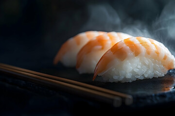 Exquisite shrimp nigiri sushi served with steaming perfection on dark plate