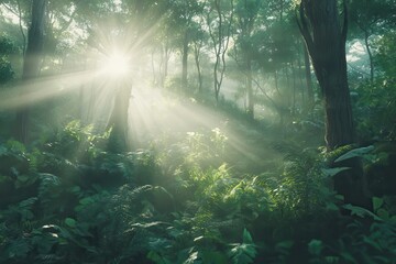 Fototapeta premium Sunbeams pierce a misty, lush forest. Perfect for illustrating tranquility, nature, or eco themes.