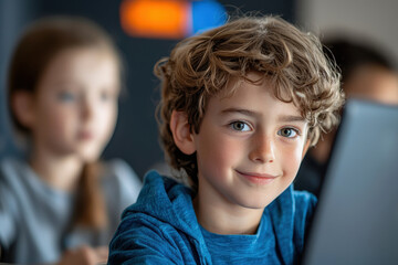 A young boy with curly hair smiles while using laptop in classroom