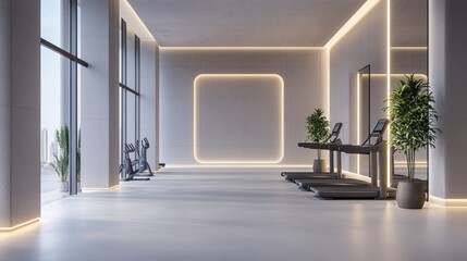 Modern and Minimalist Gym Interior with Treadmills, Large Windows, and Stylish Indoor Plants in a Bright and Spacious Environment
