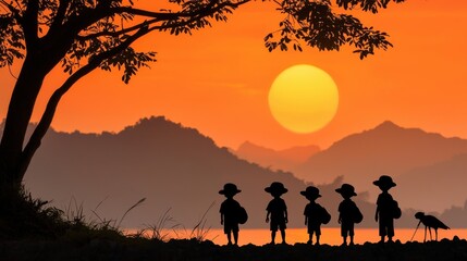 Fototapeta premium Children Silhouetted Against a Vibrant Sunset Over Mountain Landscape with Tree, Capturing Joy and Freedom in Nature's Beauty