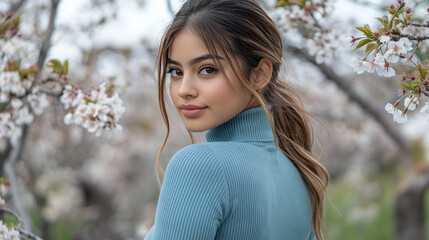 Naklejka premium Hispanic Woman in blue ribbed necks enjoy fresh air in park with cherry blossom