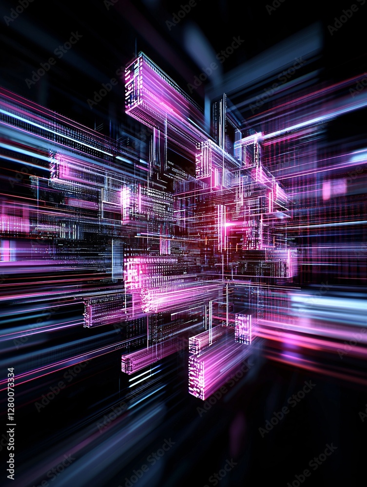 Poster chaotic yet structured digital abstraction, rapid data stream visualization, holographic interferenc