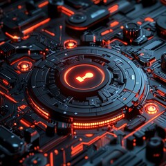 Futuristic Cyber Security System  Digital Key  Red Lights  Technology Background