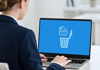 Businesswoman using a laptop with a digital Recycle Bin icon on the screen. A modern concept of file management, digital organization, and data deletion in the workplace.