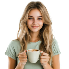 Happy young woman holding a green cup, isolated on transparent background