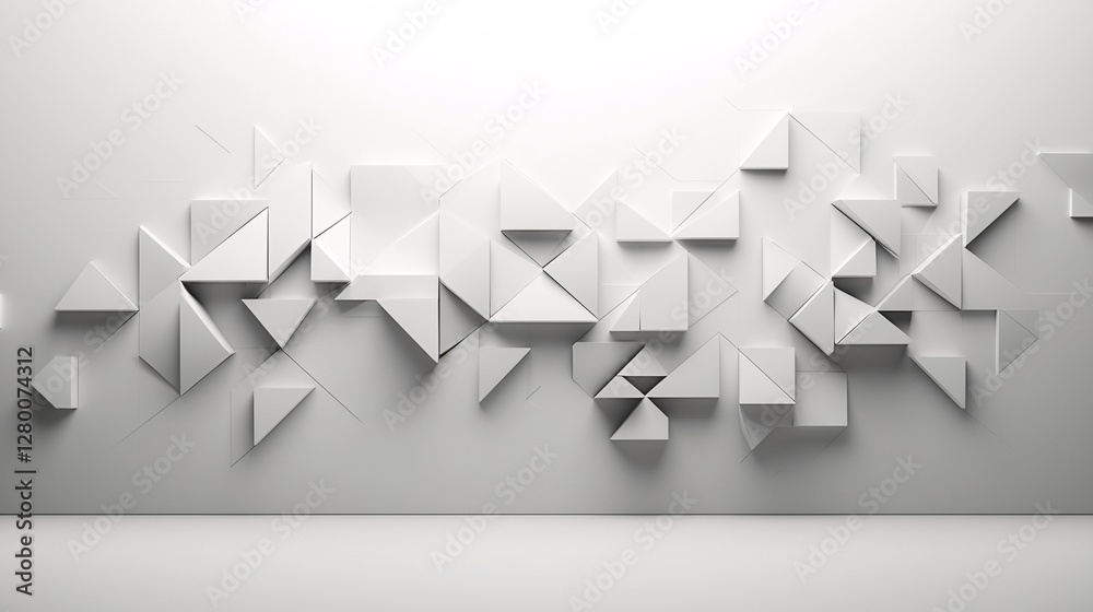 Poster geometric hyperspace abstraction, interconnected triangular forms extending infinitely, soft and har