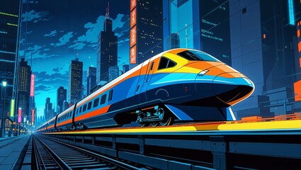 A futuristic high-speed train traveling on elevated tracks through a cityscape at night, with a vibrant color scheme of blue, orange, and yellow against an illuminated urban background.