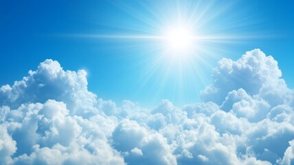 Bright sun illuminates fluffy clouds in a clear blue sky during a serene afternoon in nature
