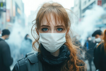 A young woman with striking blue eyes and red hair wears a mask, standing amidst a smoky backdrop, capturing a moment of intensity and uncertainty.