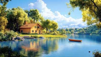 Fototapeta premium Tranquil Lakeside Retreat with Colorful House, Lush Greenery, Serene Water, Blue Sky and Fluffy Clouds on a Bright Day