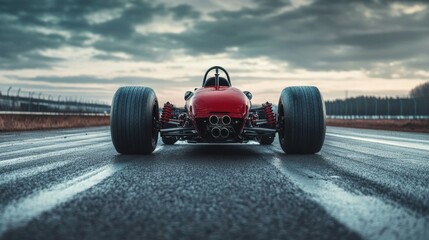 Drag racing car tearing down an abandoned highway at dusk. Featuring solitude and speed